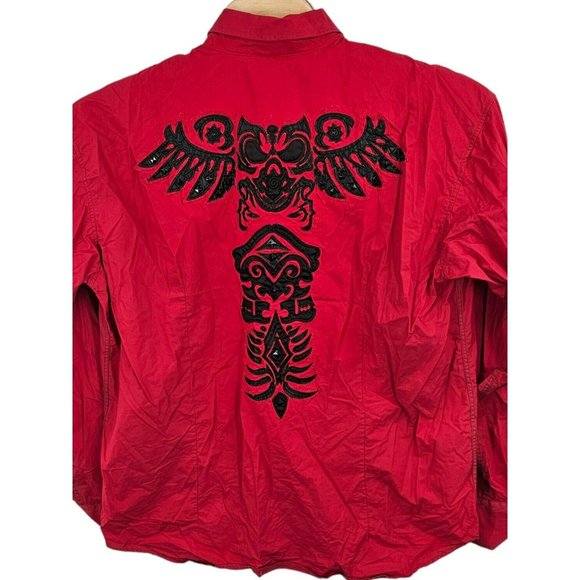 TMT Shirt Men 3XL Red Button Up Long Sleeve Embroidered Logo Knit VTG Flip Cuffs - Picture 4 of 12